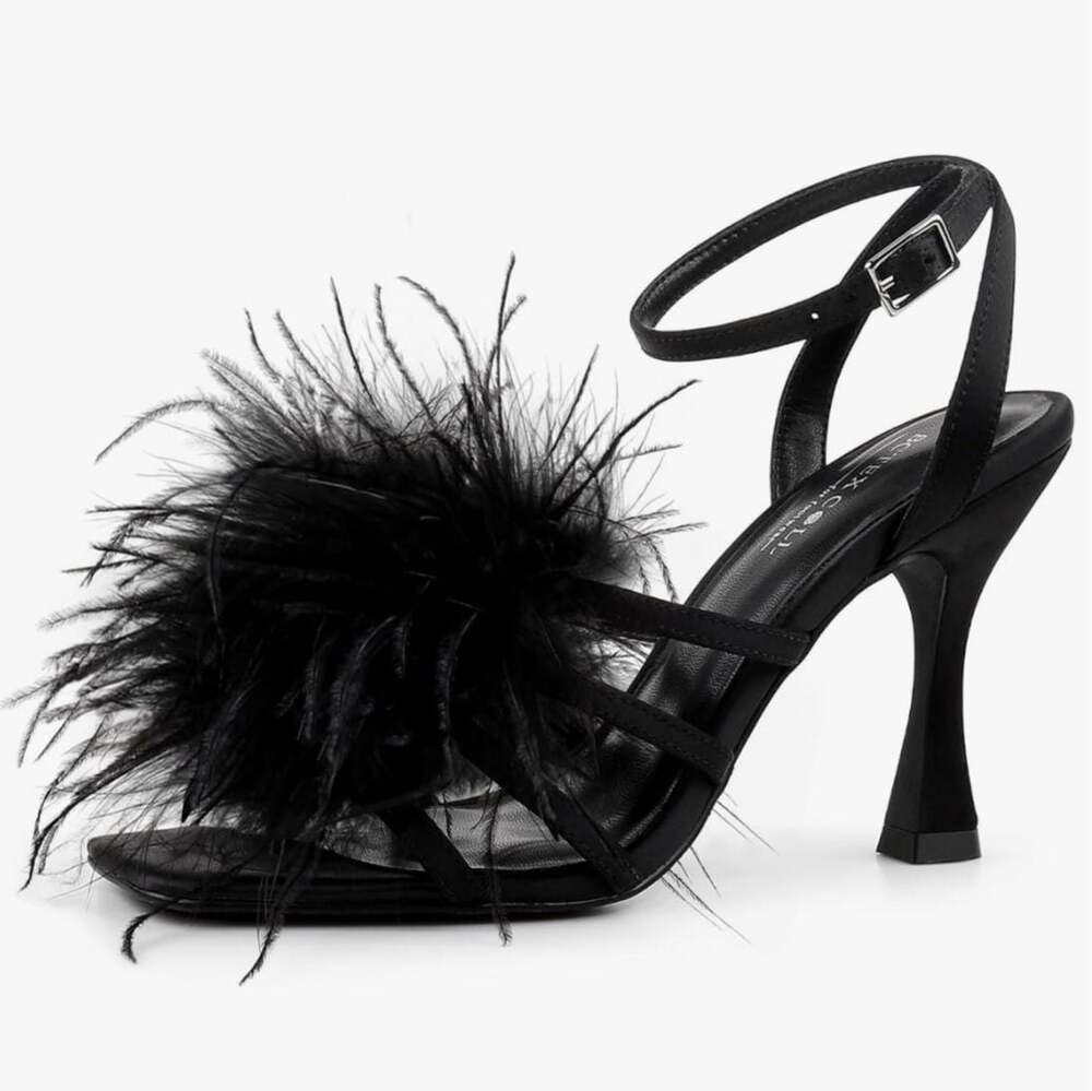 BCTEX COLL Women's Fluffy Feather Open Toe Ankle Strap  Heels,Black,7